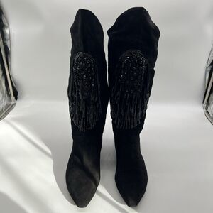 Vintage Women's 1980s Caparros Beaded Fringed Black Suede 1" Heel Boots-Size 10B